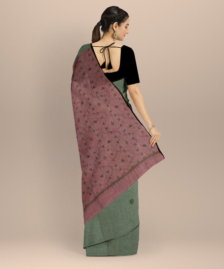Olive green red cotton handwoven chikankari saree