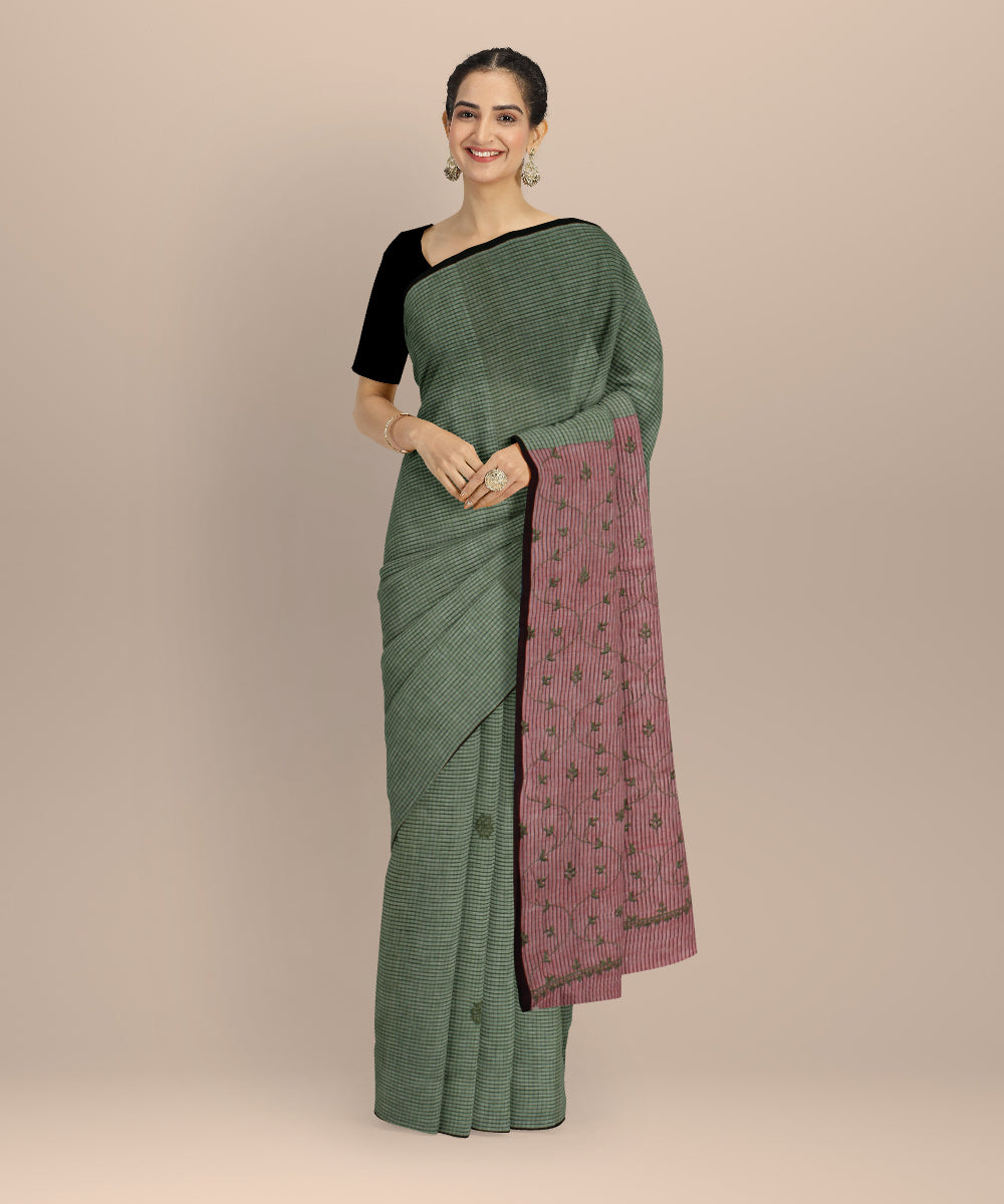 Olive green red cotton handwoven chikankari saree