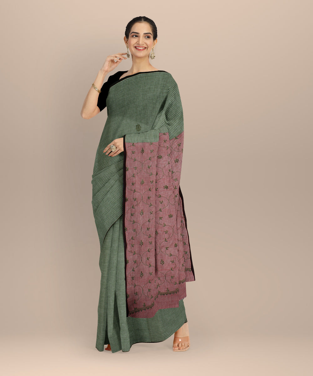 Olive green red cotton handwoven chikankari saree