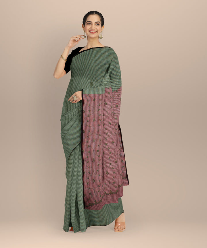 Olive green red cotton handwoven chikankari saree
