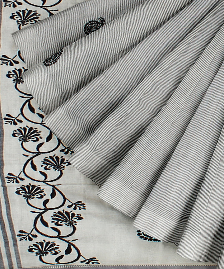 Off white black handwoven chikankari cotton saree