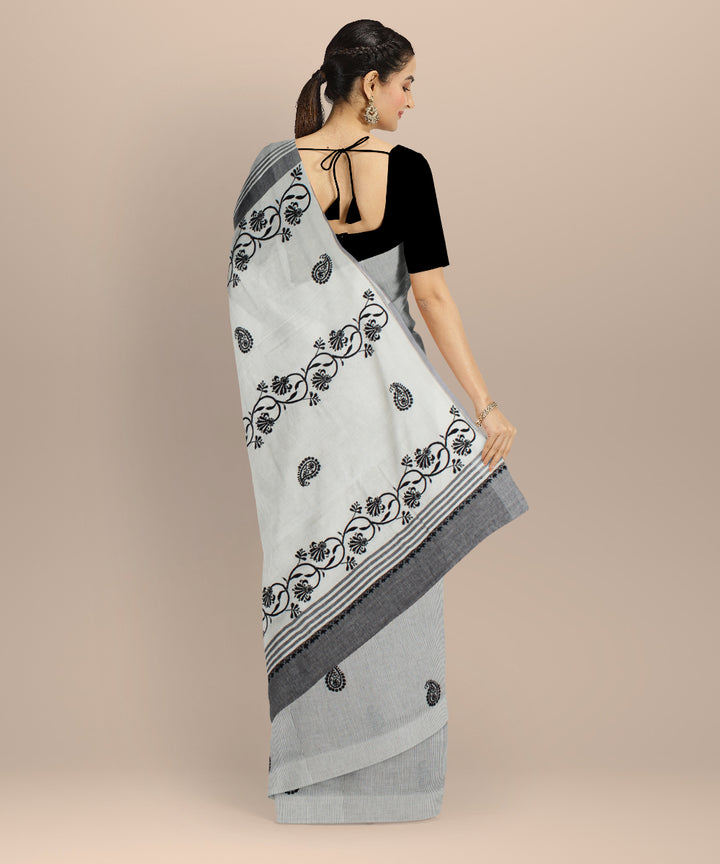 Off white black handwoven chikankari cotton saree