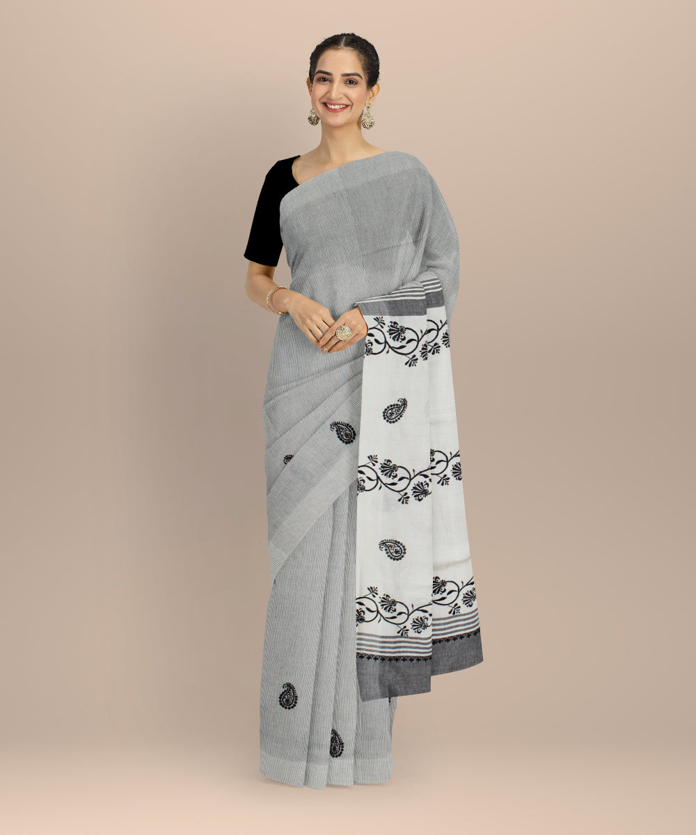 Off white black handwoven chikankari cotton saree