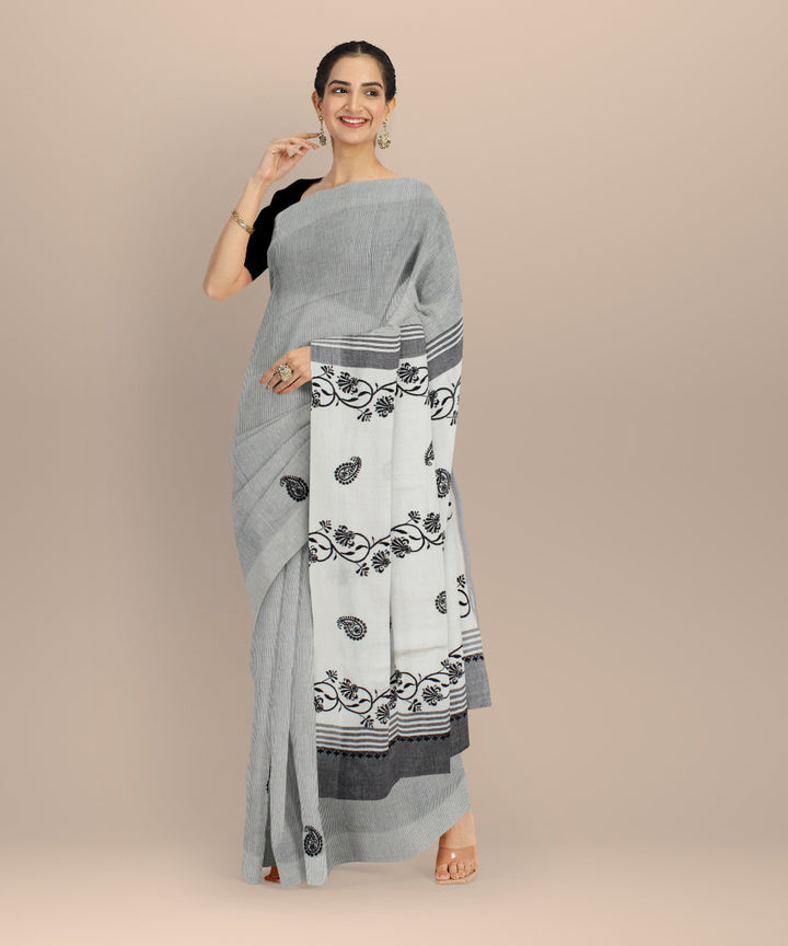 Off white black handwoven chikankari cotton saree