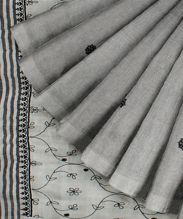 Cream black cotton handwoven chikankari saree