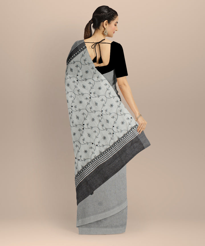 Cream black cotton handwoven chikankari saree