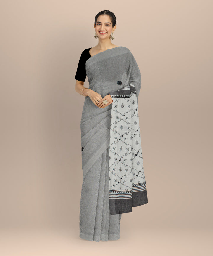 Cream black cotton handwoven chikankari saree