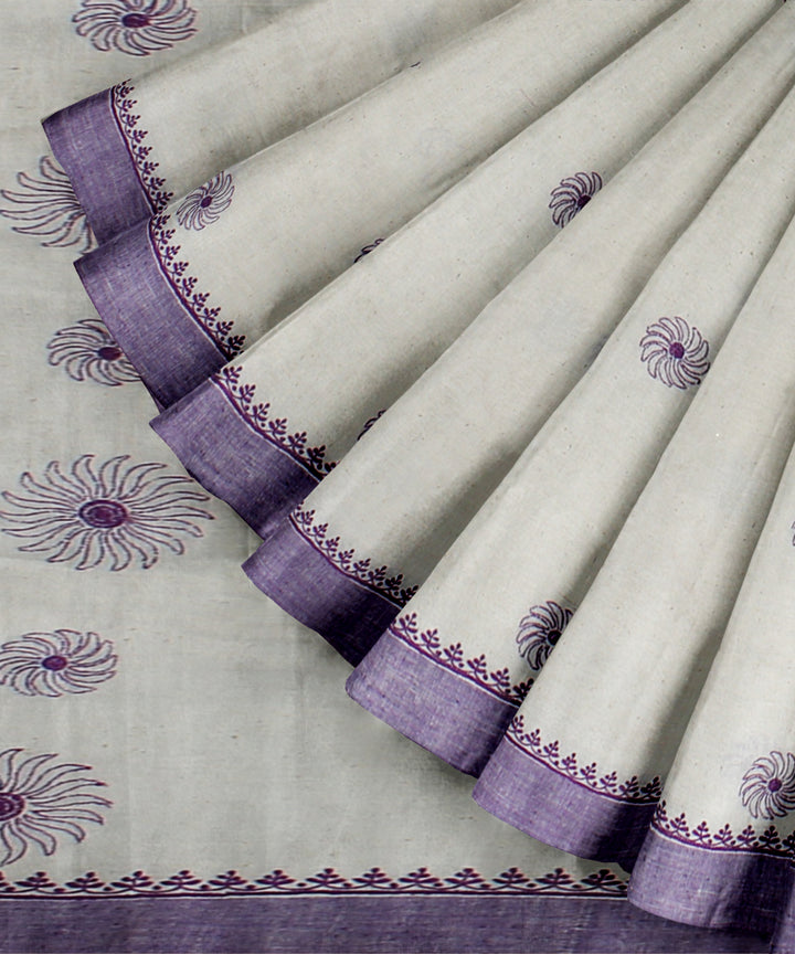 Off white purple cotton handwoven chikankari saree