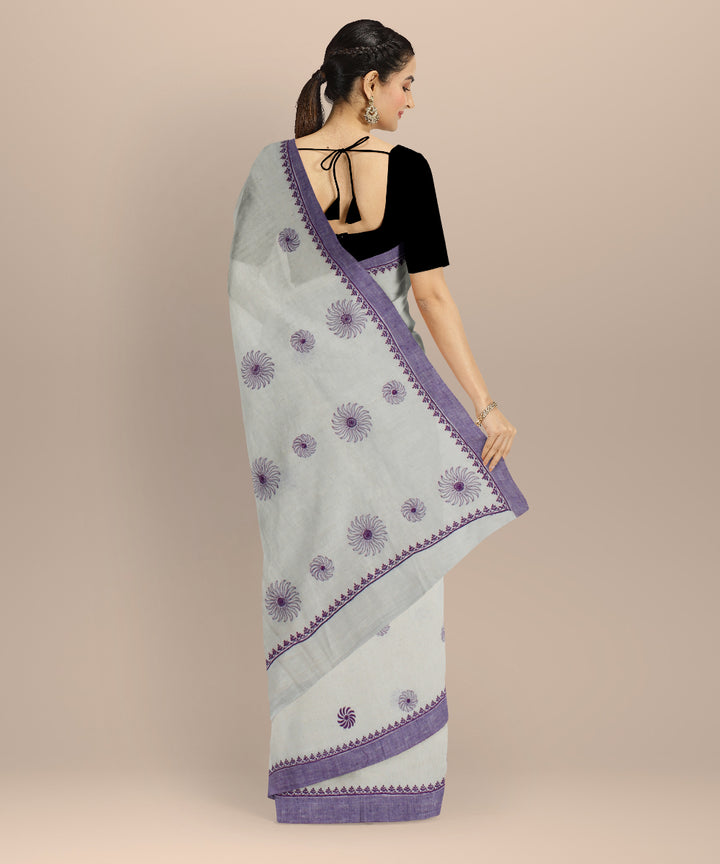 Off white purple cotton handwoven chikankari saree