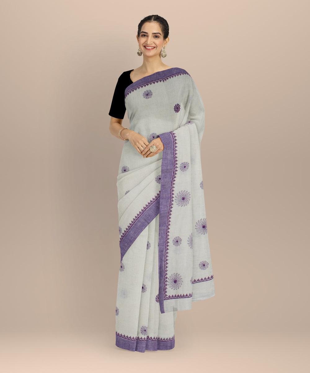 Off white purple cotton handwoven chikankari saree
