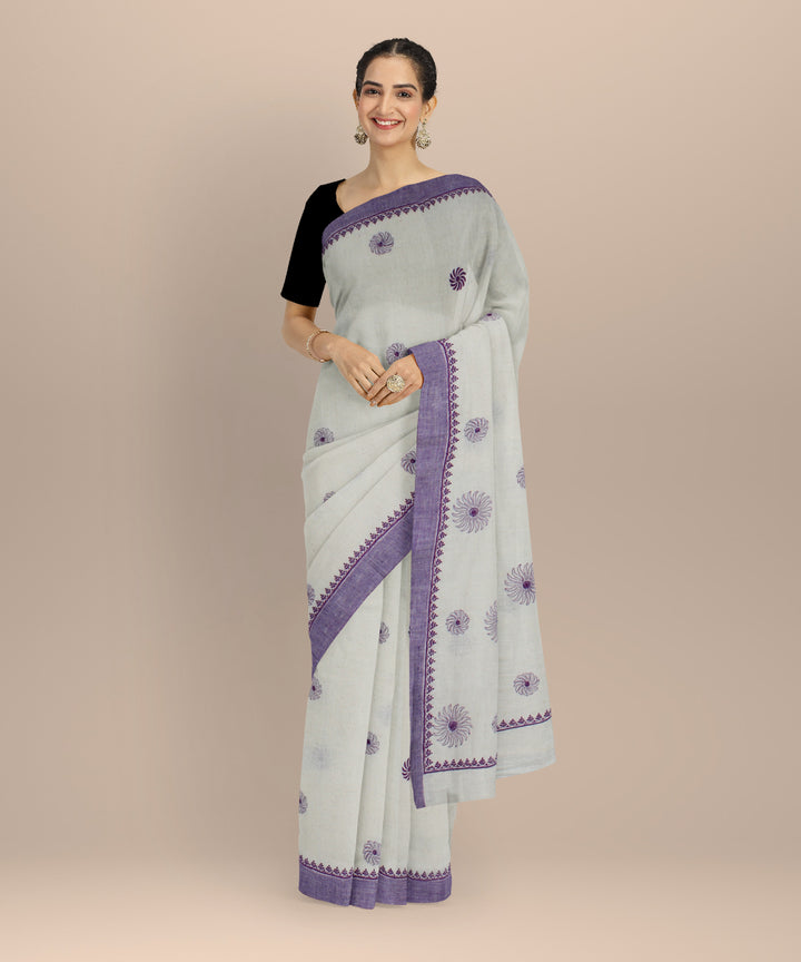 Off white purple cotton handwoven chikankari saree