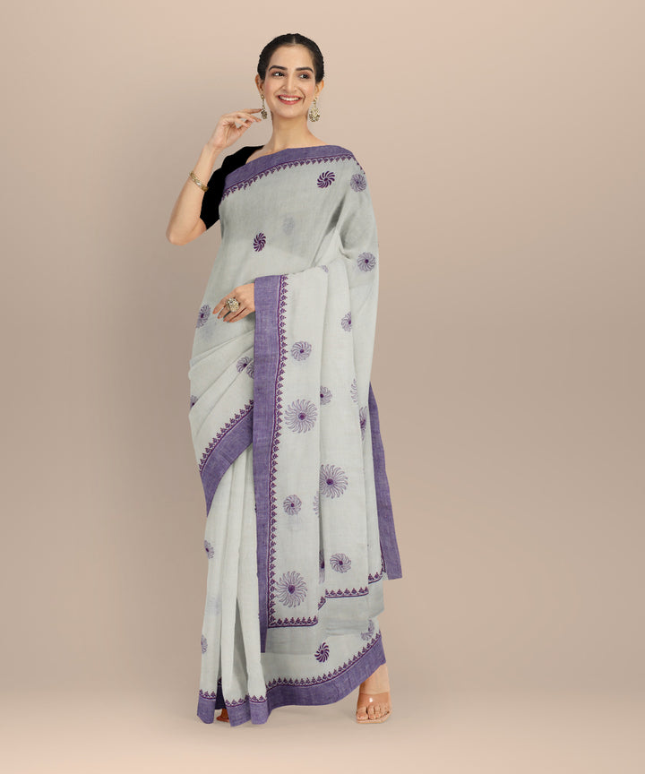 Off white purple cotton handwoven chikankari saree