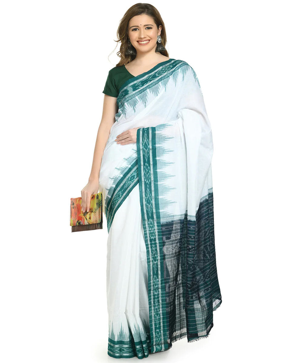 Offwhite light green cotton handloom nuapatna saree