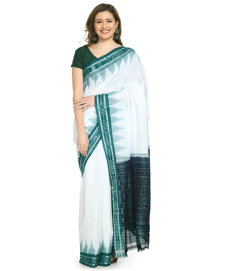 Offwhite light green cotton handloom nuapatna saree