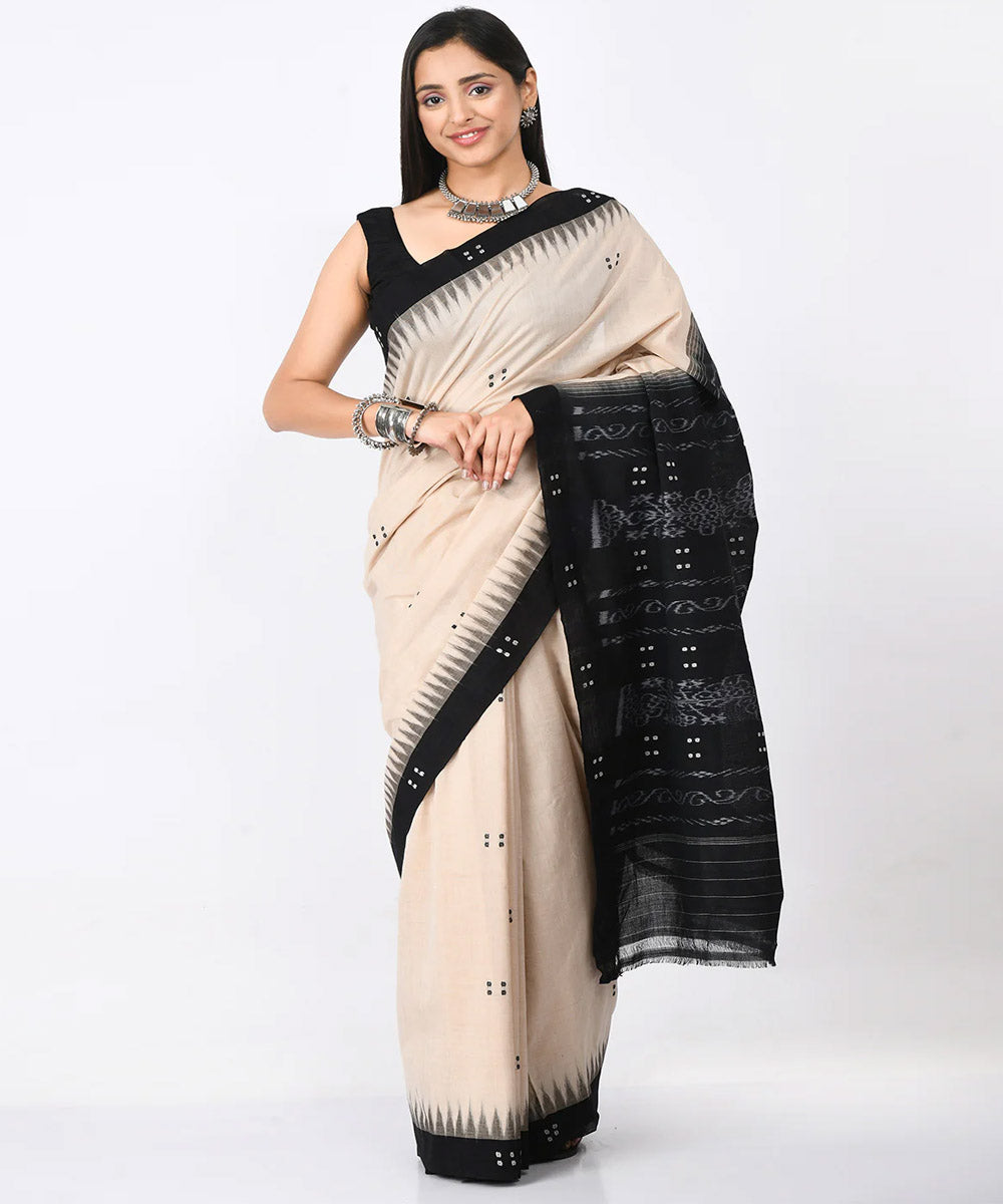 Cream black buti cotton handloom nuapatna saree