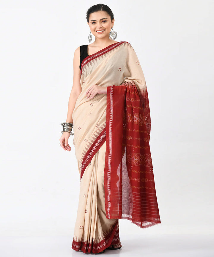 Cream maroon buti cotton handloom nuapatna saree