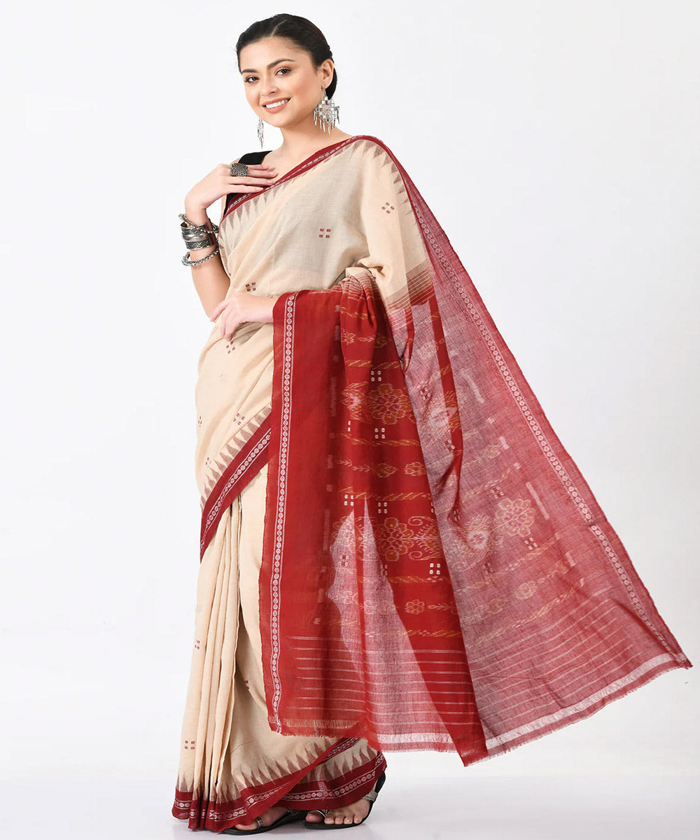 Cream maroon buti cotton handloom nuapatna saree