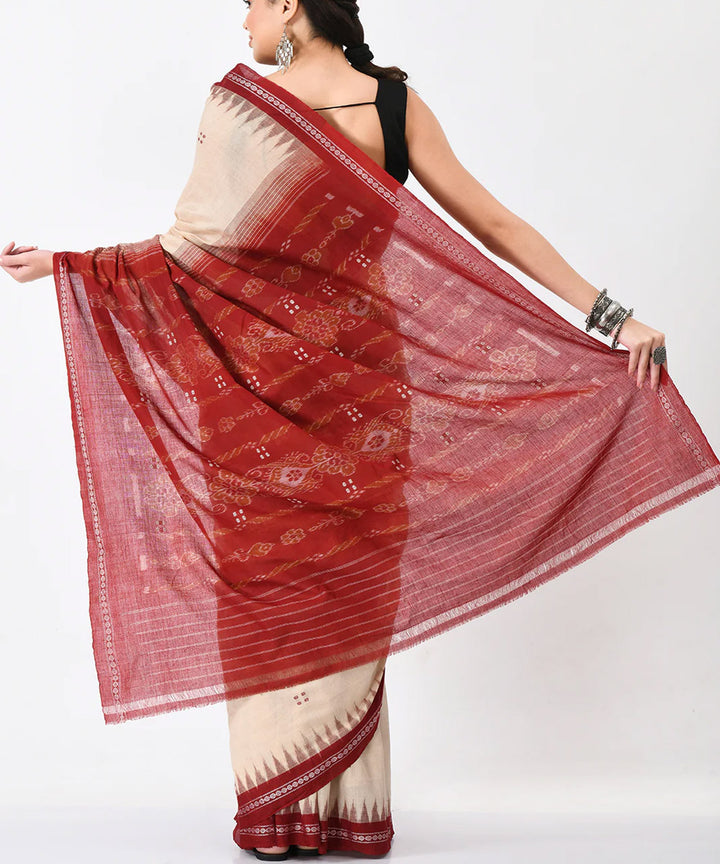 Cream maroon buti cotton handloom nuapatna saree