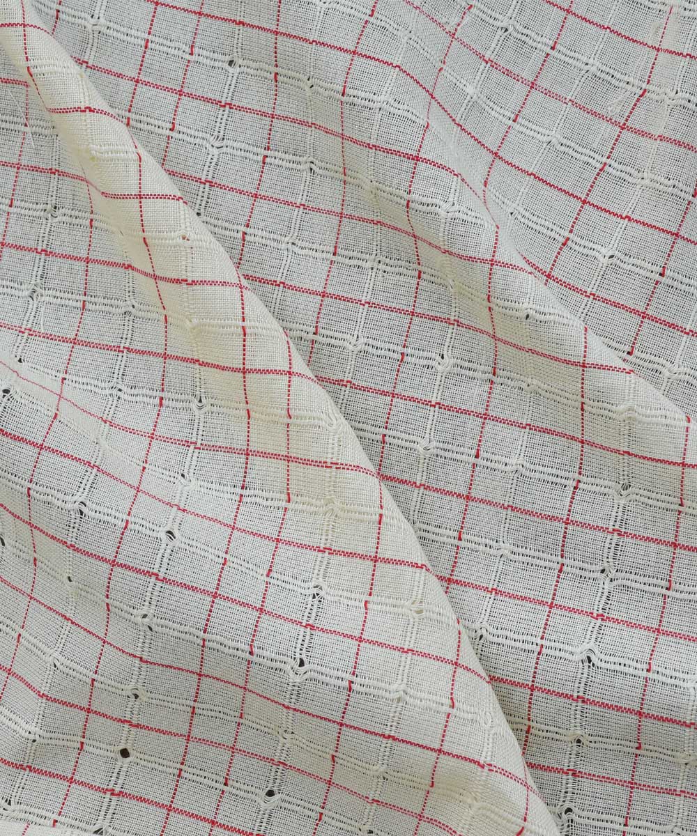 White textured red checks
 handwoven cotton fabric