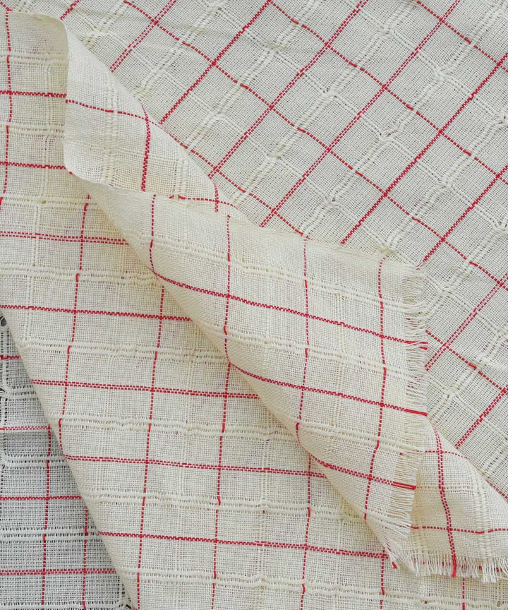 White textured red checks
 handwoven cotton fabric