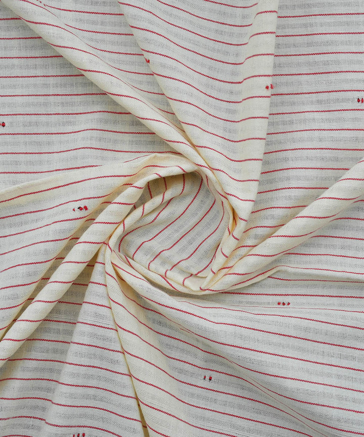 Red off-white stripe with woven dots handwoven cotton fabric