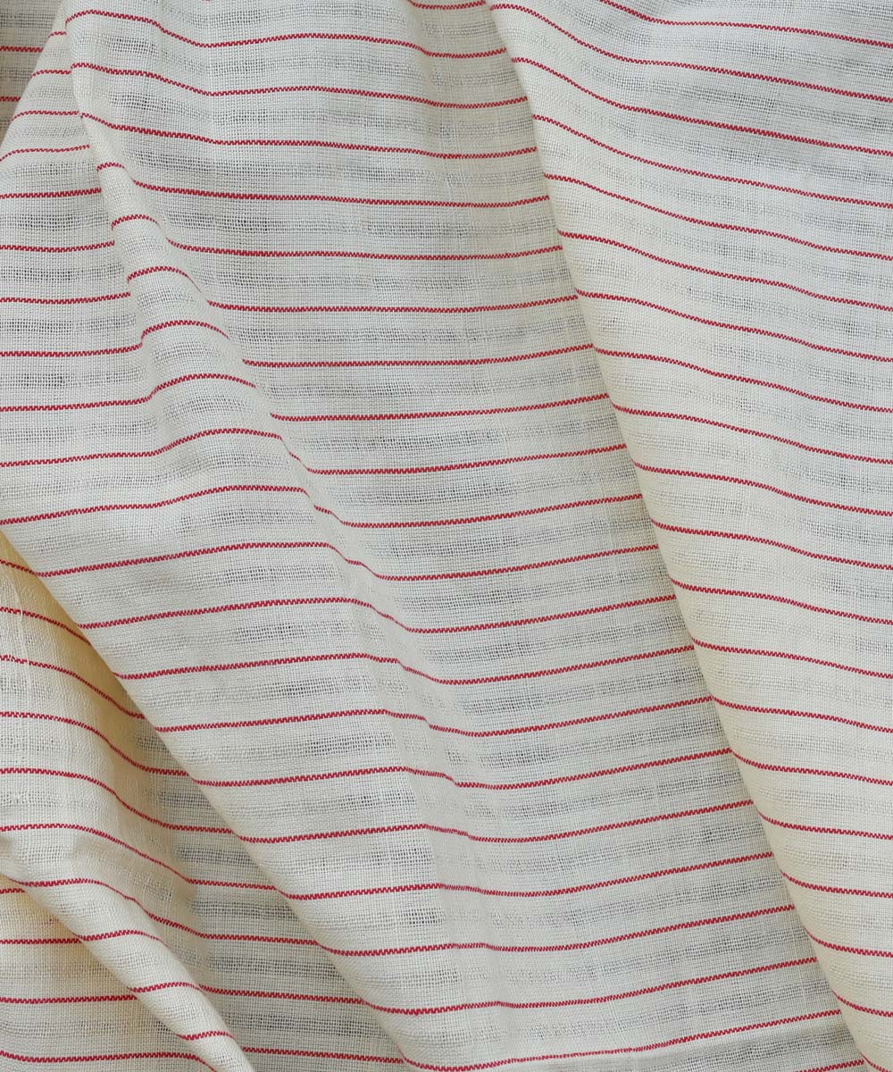 Cream red textured stripe handwoven cotton fabric