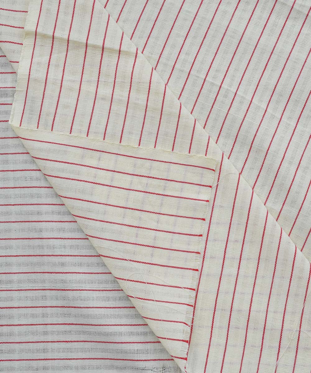 Cream red textured stripe handwoven cotton fabric