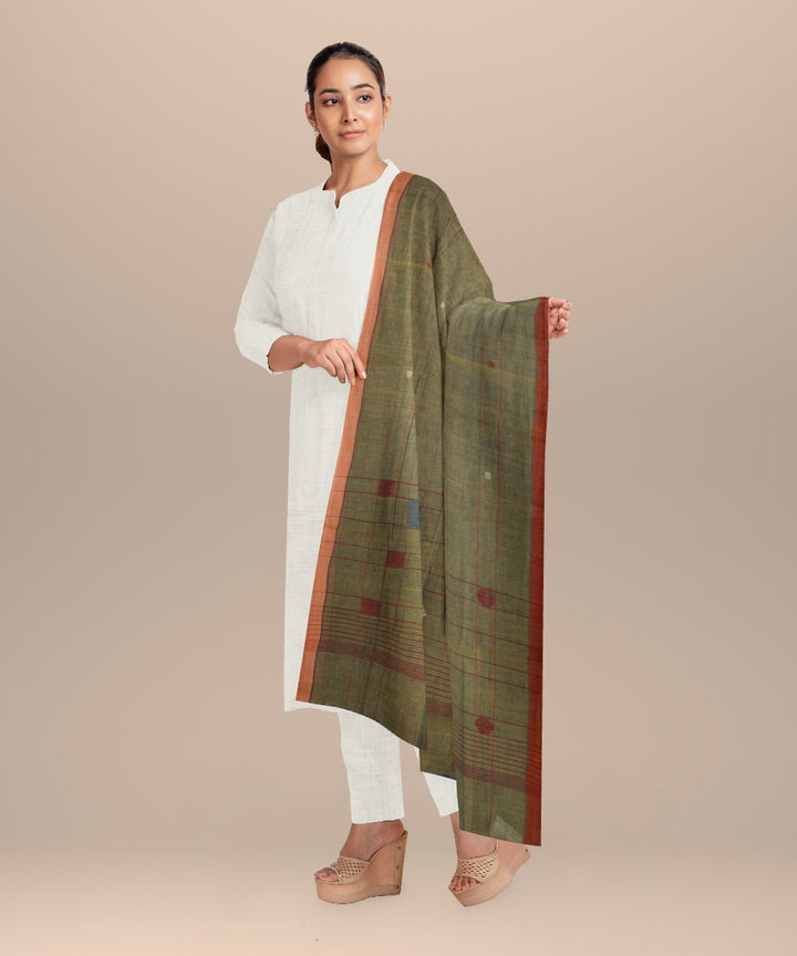 Cyan green white rust handloom cotton natural dyed dupatta