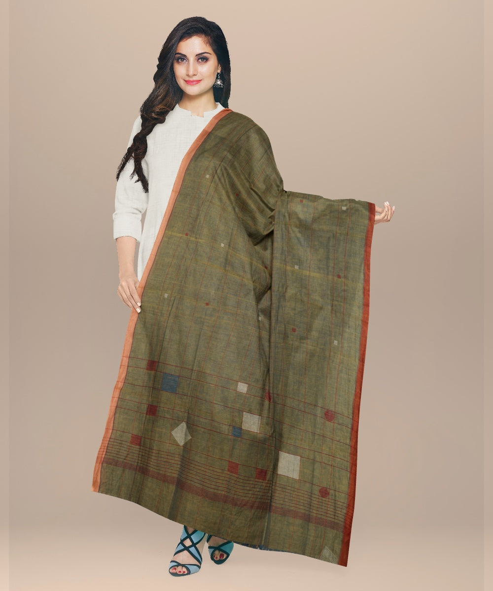 Cyan green white rust handloom cotton natural dyed dupatta