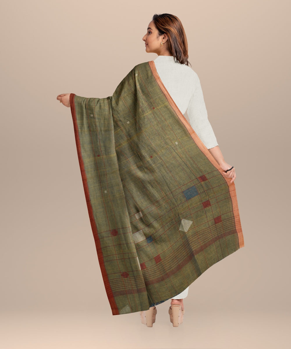 Cyan green white rust handloom cotton natural dyed dupatta
