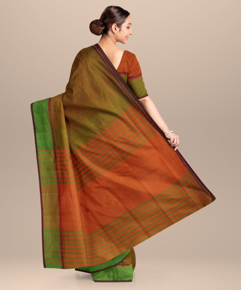 Cyan green orange cotton handloom mangalagiri saree