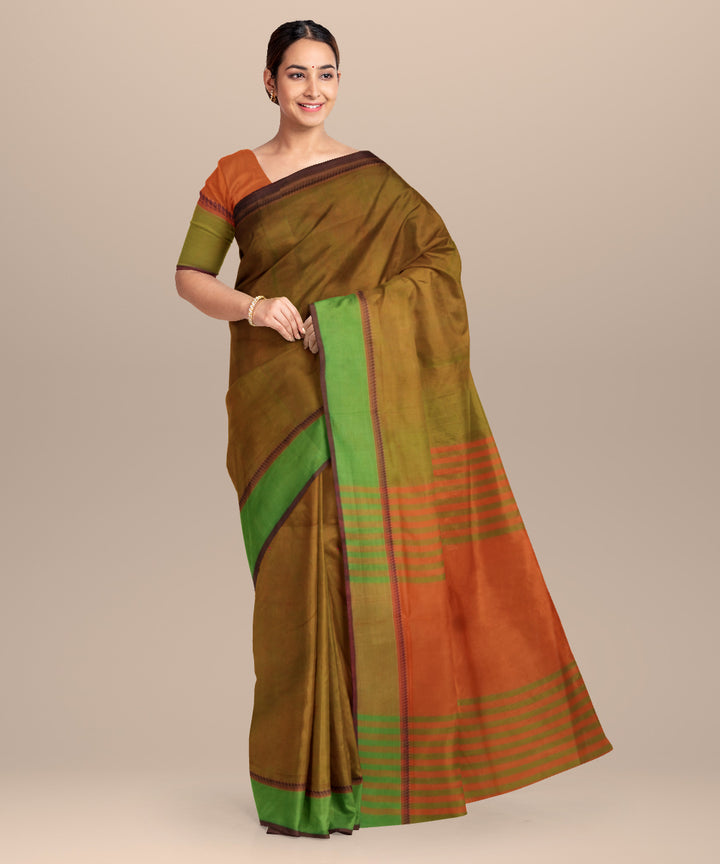 Cyan green orange cotton handloom mangalagiri saree