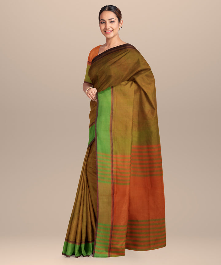 Cyan green orange cotton handloom mangalagiri saree