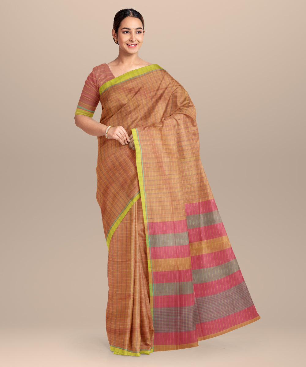 Orange pink handloom cotton mangalagiri saree