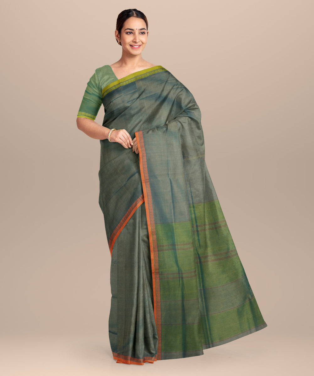 Grey green cotton handloom mangalagiri saree