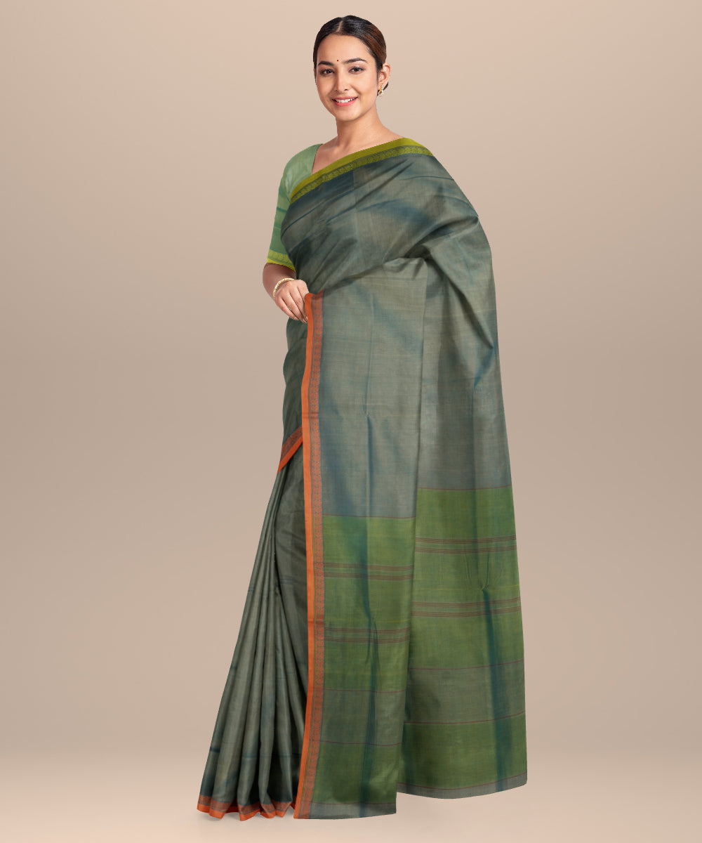 Grey green cotton handloom mangalagiri saree