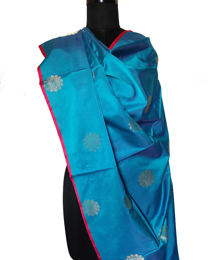 Cyan blue gold zari motif handwoven mubarakpur silk dupatta