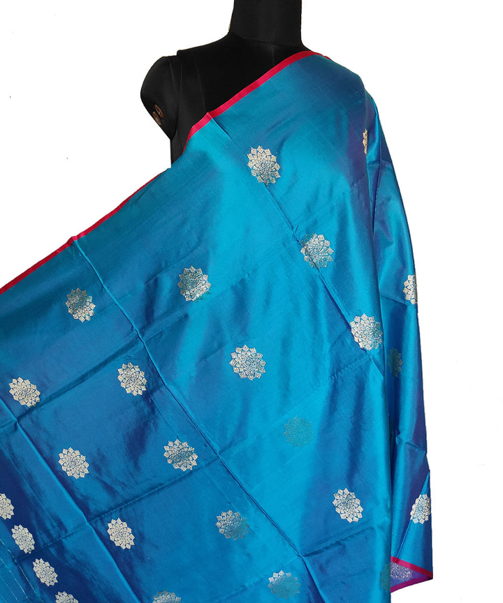 Cyan blue gold zari motif handwoven mubarakpur silk dupatta