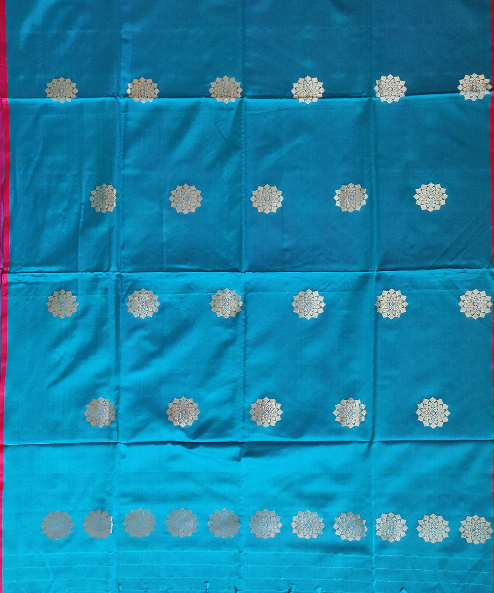 Cyan blue gold zari motif handwoven mubarakpur silk dupatta