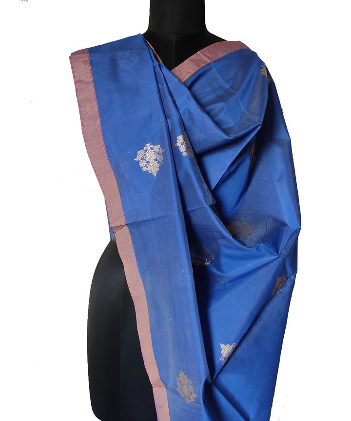 Navy blue gold zari motif handwoven silk mubarakpur dupatta