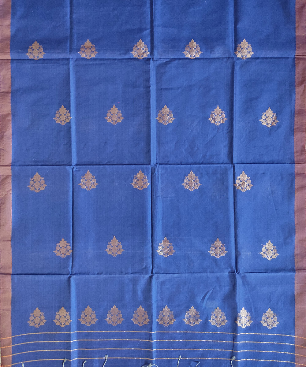 Navy blue gold zari motif handwoven silk mubarakpur dupatta