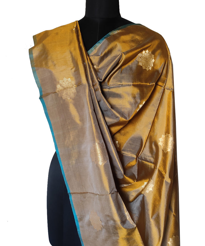 Brown golden gold zari motif handwoven silk mubarakpur dupatta