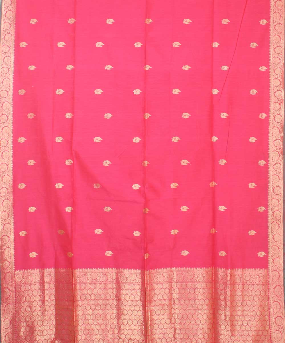 Pink golden zari motifs silk handwoven mubarakpur saree