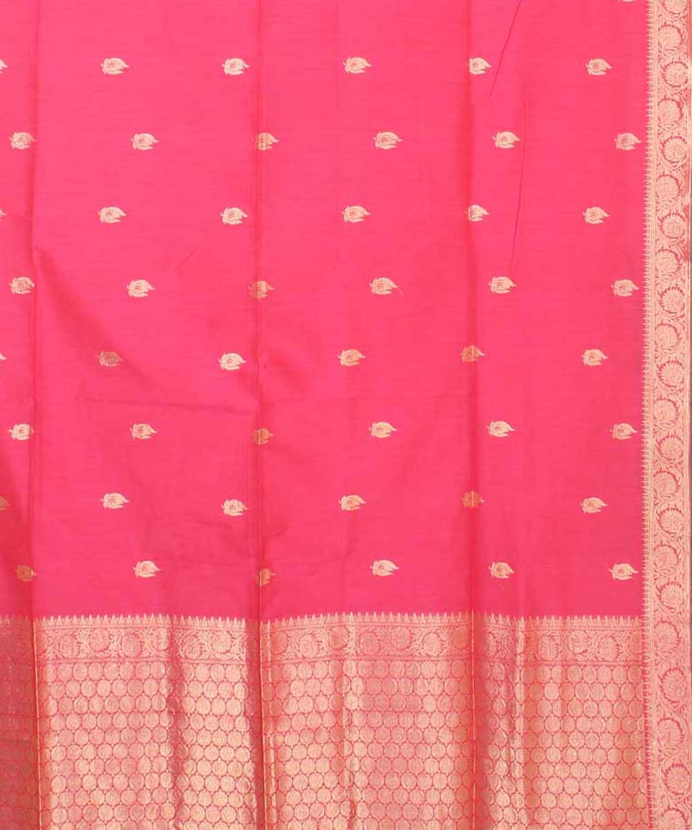 Pink golden zari motifs silk handwoven mubarakpur saree