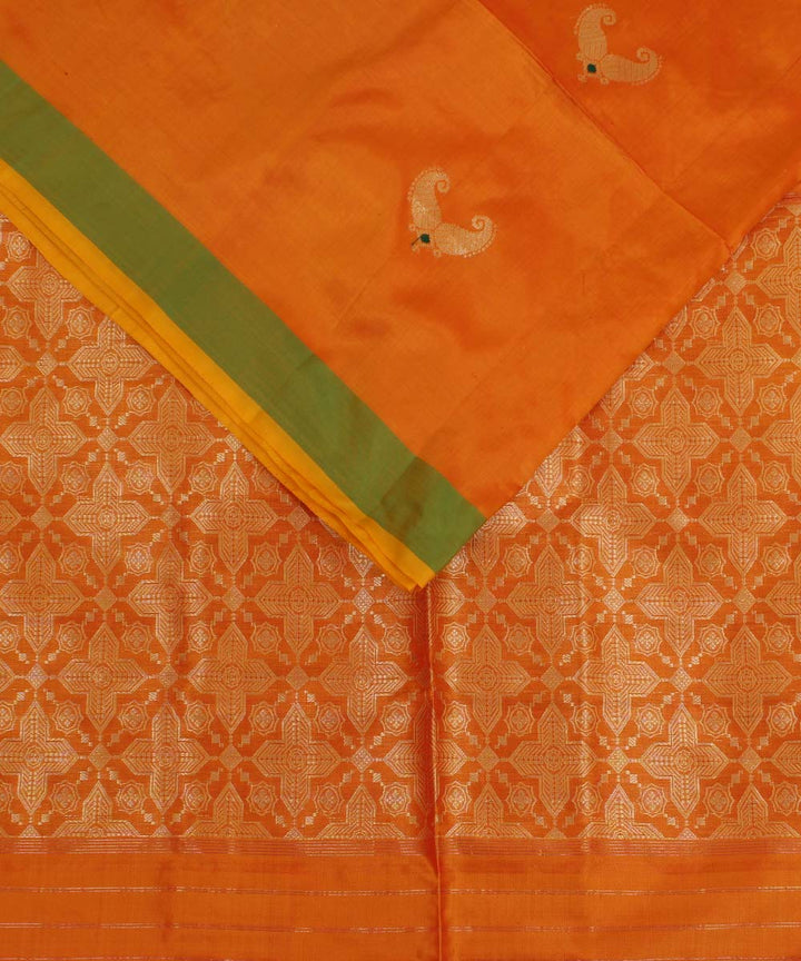 Orange golden zari motifs silk handwoven mubarakpur saree