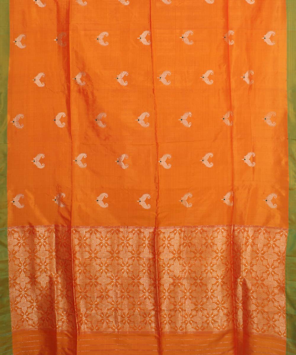 Orange golden zari motifs silk handwoven mubarakpur saree