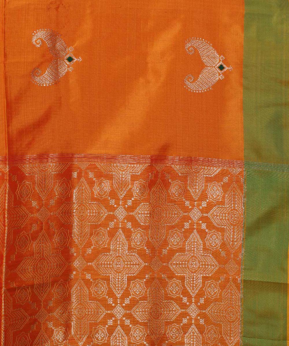 Orange golden zari motifs silk handwoven mubarakpur saree