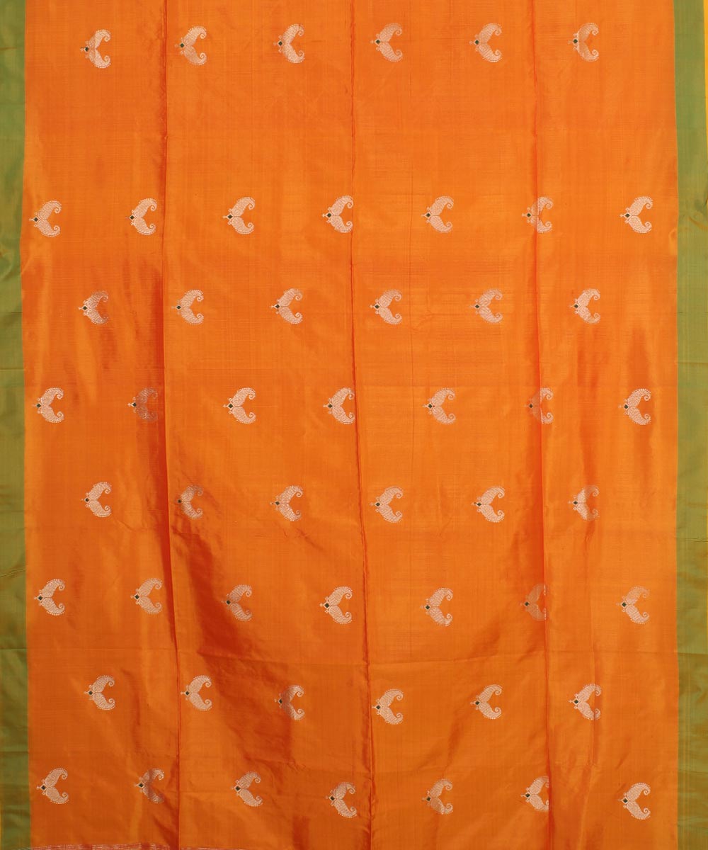 Orange golden zari motifs silk handwoven mubarakpur saree