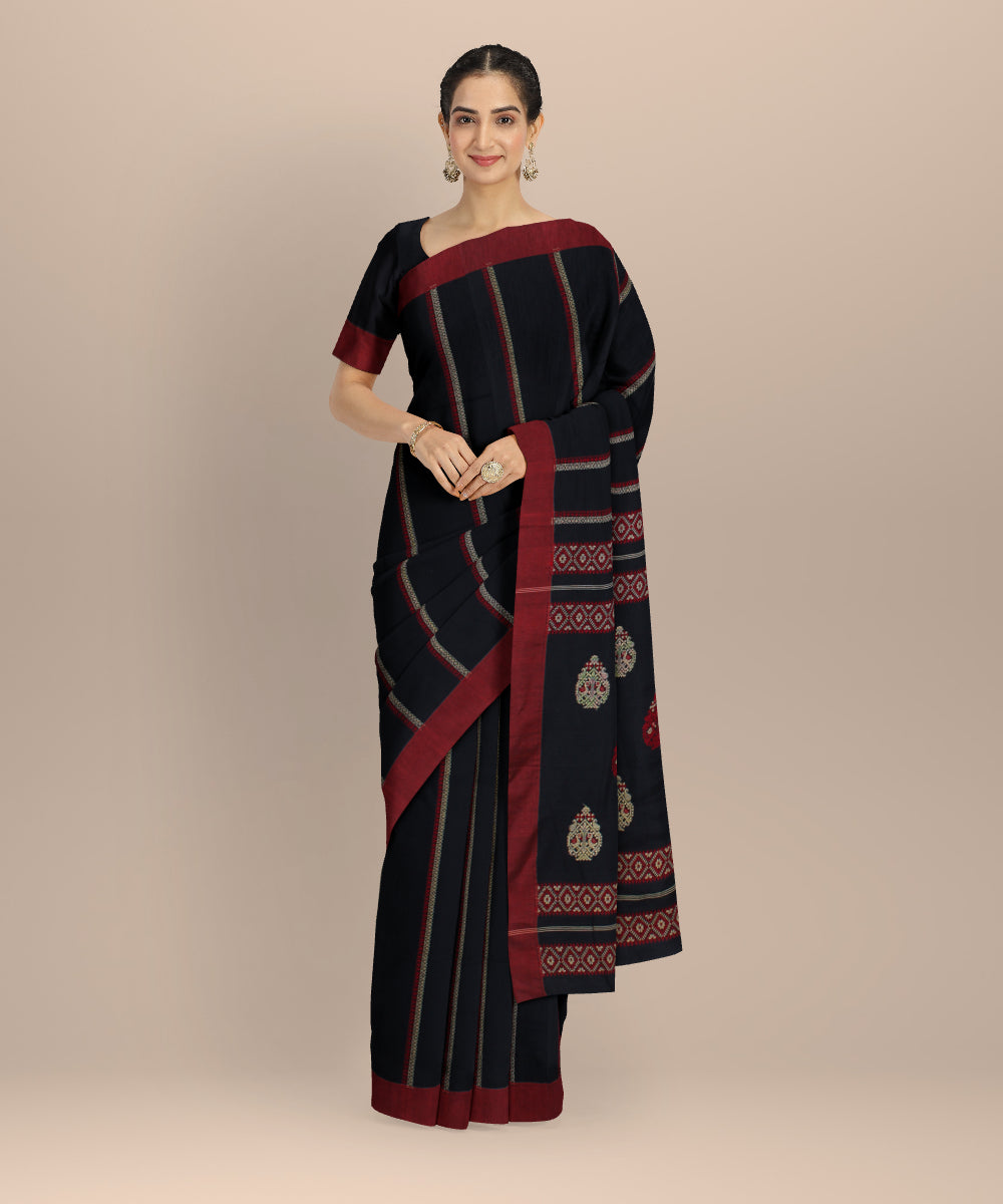 Black red cotton handwoven bengal saree