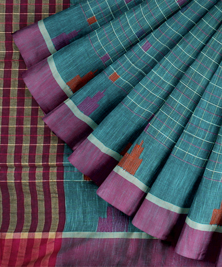 Cyan green purple cotton handloom bengal saree